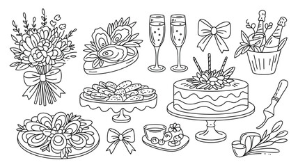 Wedding Celebration Elements, Line Art Illustrations of Food, Drinks, and Decorations
