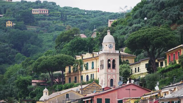 Church Chiesa Del Divo Martino in Portofino, a picturesque Italian village known for its iconic architecture and vibrant buildings