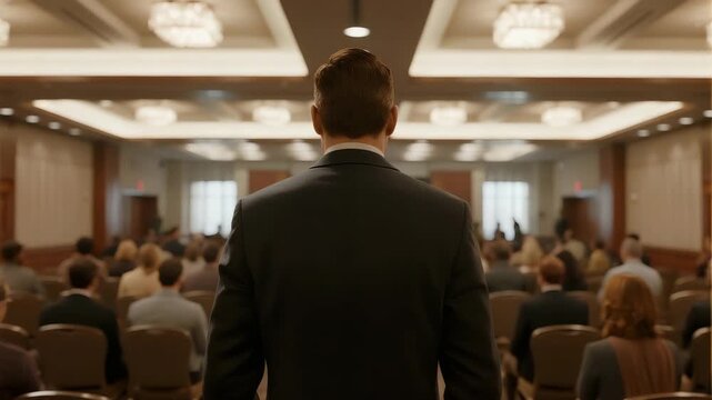 Rear view of a formally dressed businessman addressing a seated audience in a conference hall during a professional meeting or presentation.