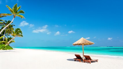 Tropical beach scene with palm trees and lounge chairs by turquoise ocean water on sunny day