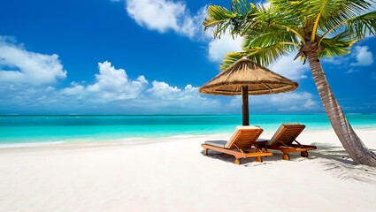 tropical beach scene with palm tree and sun loungers by turquoise sea