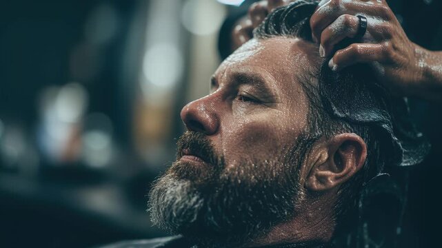 Barbershop. Senior bearded male getting hair wash. Hairstylist washing mature man client hair in barber shop. Procedure of applying natural restoring ingredients and vitamins to hair and haircut.