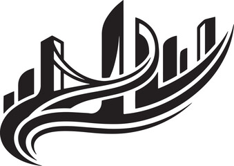 Abstract futuristic city skyline black silhouette with flowing lines on transparent background