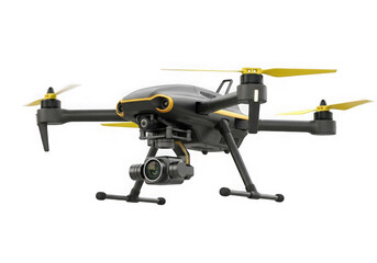 A sleek black and yellow drone with propellers isolated on transparent background