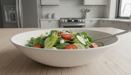 A close-up of a bowl of fresh green salad on a wooden table in a modern kitchen interior. Concepts of healthy eating, healthy lifestyle, home cooking and well-being, and post-holiday diet.