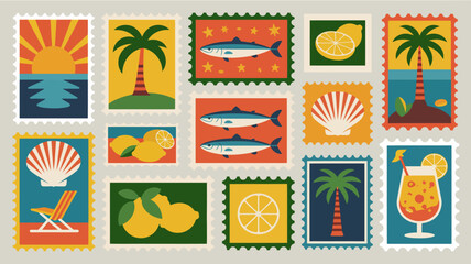 Colorful Beach Postage Stamps with Tropical Icons and Summer Symbols