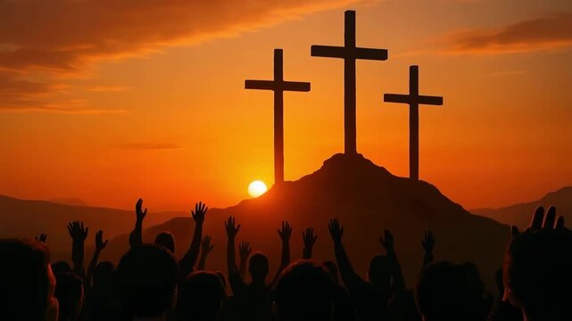 A crowd of people with hands raised in worship before three crosses at sunset. The crucifixion of Jesus Christ symbolizing faith, salvation, and resurrection. Christian Easter background