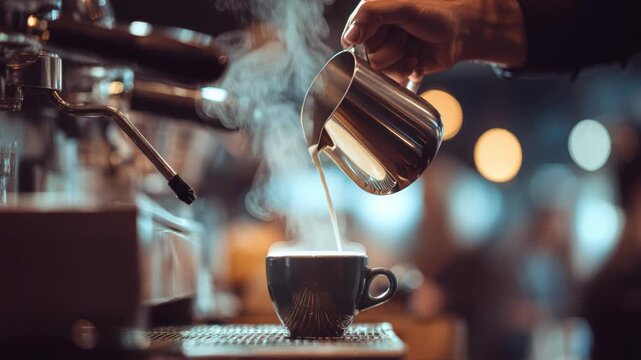 Banner of barista hand making a cup of coffee. Copy space for text, logo, brand or promo. Coffee shop service concept. Local business and barista profession. Close-Up. Milk Frothing Pitcher with Steam