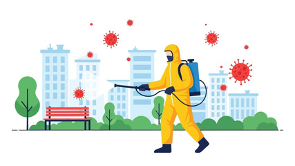 A worker in a hazmat suit sprays disinfectant in a city landscape