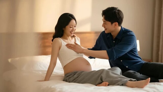 An expectant couple shares a tender moment on a bed, with the husband gently touching the wife&rsquo;s pregnant belly, conveying love and anticipation for their upcoming family.