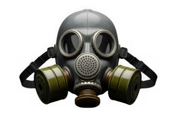 A gray gas mask with green filters on a transparent background for protection