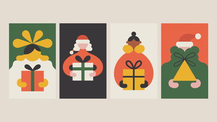 Colorful Minimalist Christmas Icons with Diverse People Holding Gifts