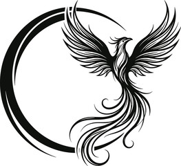Majestic Phoenix Rising Vector Illustration with Circular Frame Black and White Mythological Bird Tribal Tattoo Design for Rebirth and Strength Concept