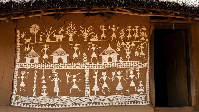 Traditional warli painting on hut wall