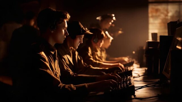 A group of individuals engaged in serious communication work, illuminated by soft light, each wearing headphones and focused on their respective tasks at detailed workstations.