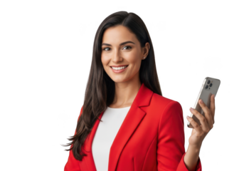 Smiling woman in red blazer holding a smartphone isolated on transparent background