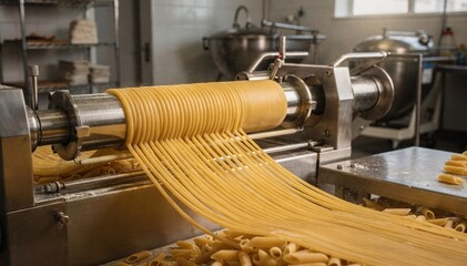 Medium shot of a rotating extruder shaping smooth penne pasta golden dough strands flowing as precise blades cut uniform pieces in an industrial kitchen environment.