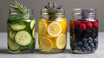 Three mason jars filled with infused water cucumber, lemon, and mixed berries with herbs