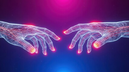 Futuristic hands reaching out in digital connection and innovation