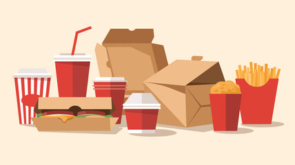 Fast Food Takeout Containers and Drinks Illustration