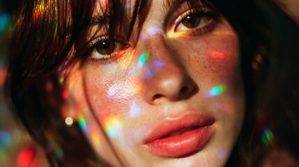 Portrait of a girl with rainbow light patterns on her face