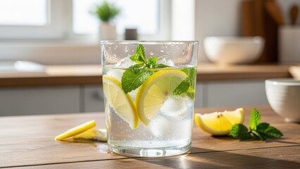 Fototapeta premium Refreshing glass of cold water with lemon slices, mint and ice. Healthy homemade detox drink for hydration and wellness on a kitchen counter in bright sunlight