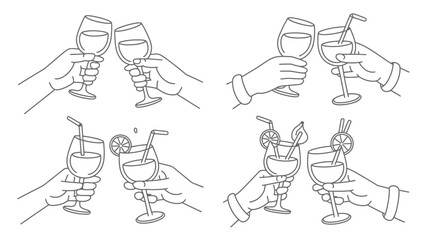Hands holding wine and cocktail glasses in various toasting poses, line art illustrations