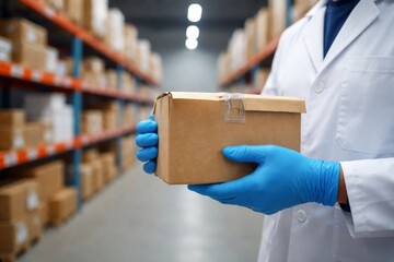 image.pngWarehouse worker wearing protective gloves and a lab coat holding a cardboard package in a storage aisle, representing logistics, inventory management, quality control, 