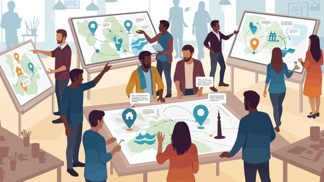 collaborative team discussion with digital maps and data visualization in a modern office
