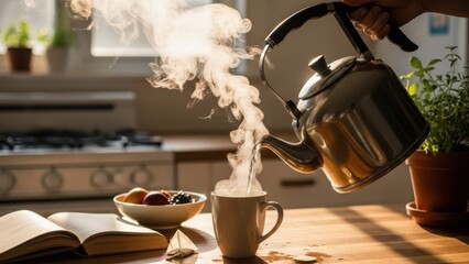 Hand pours hot drink from kettle into mug, steam rising kitchen light. Table has fruit, book, soft light, illustrating warm hot drink preparation. Hot drink for morning ritual, relaxation,