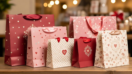 Valentine's Day gift bags, heart-patterned paper bags, red, pink, white, heart designs, festive, holiday shopping, gift giving, celebration, love, romance, Valentine's Day