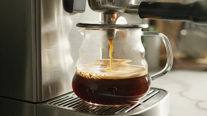Closeup shot of a modern espresso machine expertly brewing rich dark coffee into a clear glass carafe highlighting the fresh aromatic beverage preparation process for a perfect morning ritual or a de.