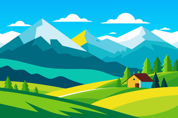 Naklejka premium Serene mountain landscape with rolling hills and cozy house