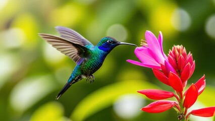 Naklejka premium Vibrant hummingbird sips nectar from colorful tropical flower