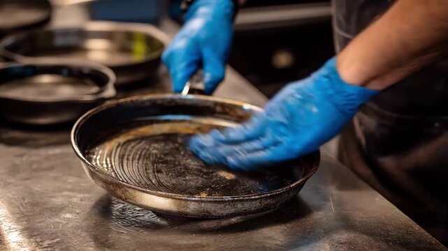 Closeup of a technician applying PTFE nonstick coating on a metal pan highlighting the smooth restoration of worn cooking surfaces in a clean workshop environment.