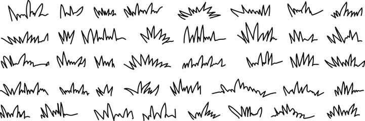 Hand Drawn Abstract Doodle Lines Set on White Background.Outline grassland or meadow sketch, simple field design. Black grass brush stroke hand drawn texture for garden pattern.