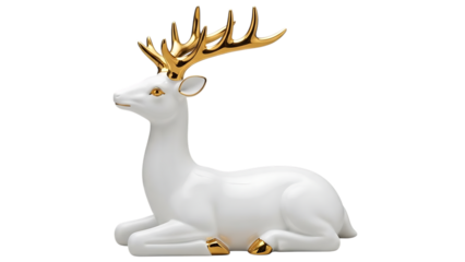 White deer statue with gold accents, cutout, PNG isolated on white or transparent background