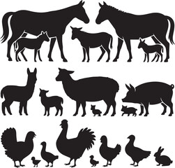 Silhouettes of Farm Animals on Transparent Background