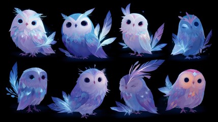 Digitally created illustration showcasing eight stylized owls with radiant, ethereal plumage and luminous accents, set against a dark background