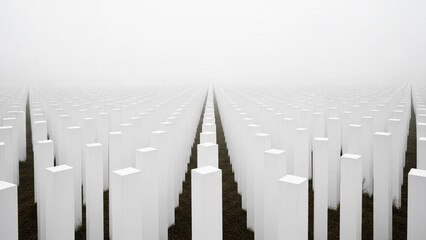 Abstract field of white markers aligned in perspective, foggy horizon, non-graphic.