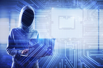Anonymous hacker using digital tablet with futuristic circuit interface representing cybersecurity risk, data breach threat, network protection, and advanced cyber attack concept