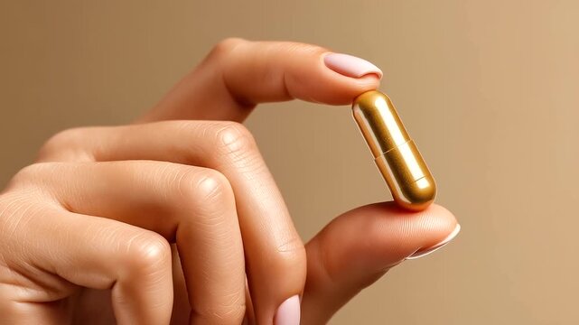Gold capsule pill held between faceless thumb and forefinger against beige background, pharmaceutical imagery close-up, supplement photography, medical product detail, minimal comp