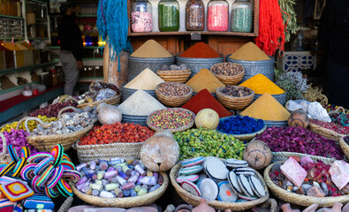 souvenirs and spices on the Jamaa el Fna market in old Medina, Marrakesh, Morocco