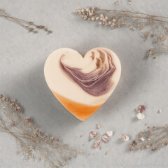 Handmade soap from herbs flowers and petals on light gray surface. Colorful heart
