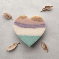 Heart-shaped soap. Multicolored soap with marbled pattern and petals around 