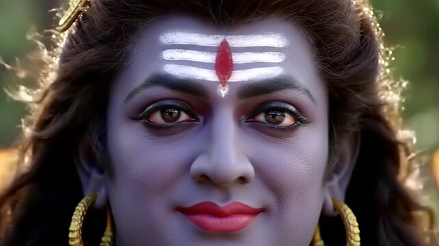 Close up portrait of Lord Shiva with blue skin and third eye on forehead.