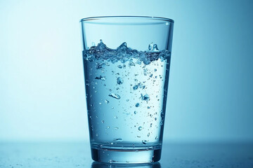 Clean drinking fresh water in a transparent glass cup close-up. Front view.