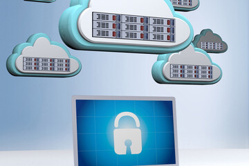 Cloud computing security concept with padlock and servers representing protected cloud data, secure storage, network safety, and encrypted digital infrastructure