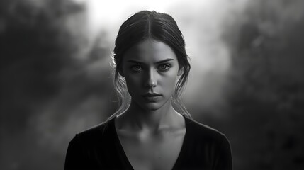 Intense Black and White Portrait of Serious Young Woman with Direct Gaze - Dramatic Monochrome