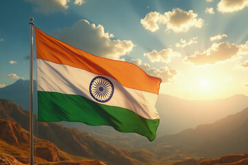 Indian flag flies from a flagpole in the evening highlands